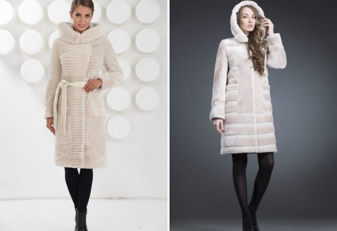 белая шуба из мутона с капюшоном